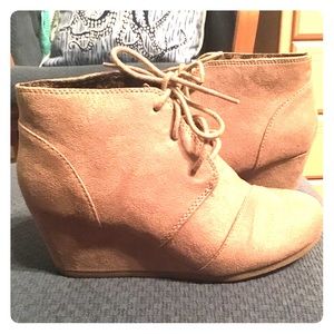 Tan “suede” wedge booties